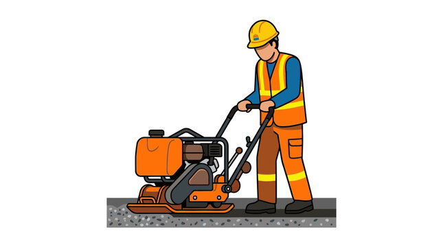 Construction worker operating a plate compactor on construction site