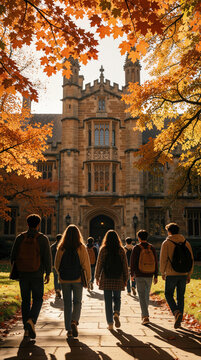 Diverse group of university students walk toward old college building on campus. Young people carry backpacks under colorful autumn maple trees. Students enjoy education, friendship during fall