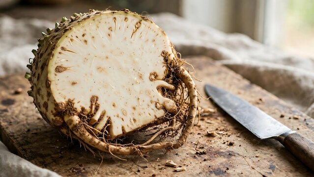 Cut Celeriac Root With Knife on Rustic Wooden Board