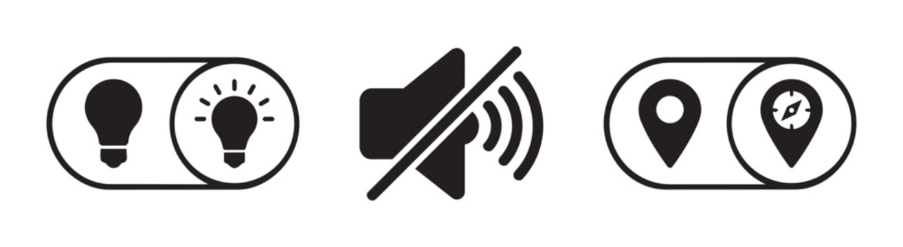 Toggle switch icons set with light bulb, mute sound and map pin, app and web