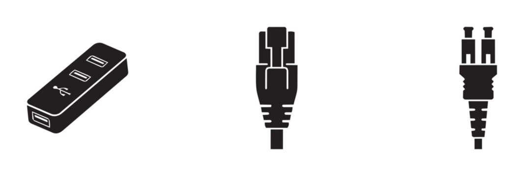 USB hub, Ethernet and fiber optic connector silhouettes set for technology and connectivity