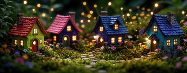 Naklejka premium Miniature fairy village with tiny glowing houses in magical garden. Small colorful homes sit among moss, flowers under night lights. Whimsical fantasy architecture features bright windows, stone