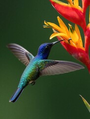 Fototapeta premium Golden tailed sapphire hummingbird flies near bright red, yellow tropical flower. Small iridescent bird collects nectar in nature. Colorful wildlife animal hovers mid air against green background.