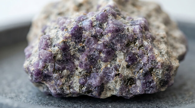 Lepidolite mineral specimen displays natural purple mica crystal formations embedded within a solid rock matrix on a dark surface.