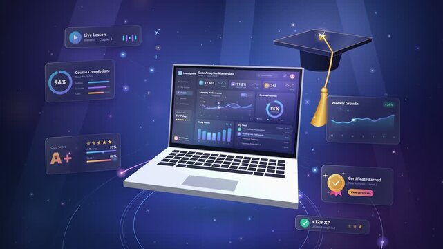 Floating laptop with online education dashboard and graduation cap in 4K