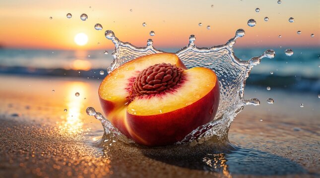 Juicy peach sliced in half splashes in ocean water on sandy beach. Summer fruit falls into sea wave during tropical sunset. Refreshing peach stone visible with water droplets flying in air. Beautiful