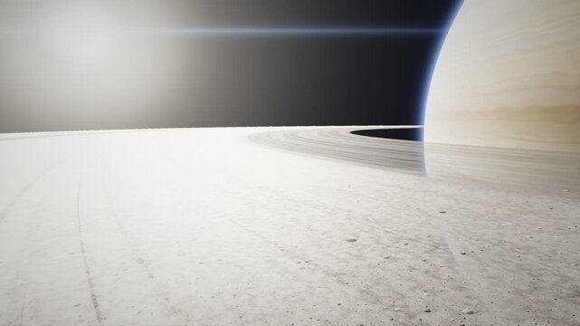 Cinematic 3D flyby over an icy moon surface with planet Saturn and rings in background
