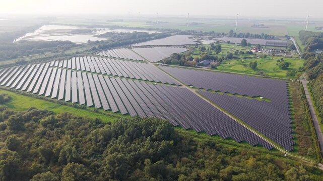 Aerial view of large solar park in Zeewolde, Flevoland, Netherlands