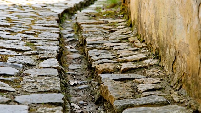 Weathered Stone Path With Drainage Channel Beside Old Wall