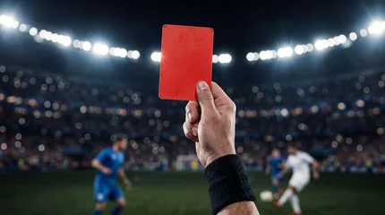 Referee holding up a red card during a football match in a packed stadium. © Curioso.Photography