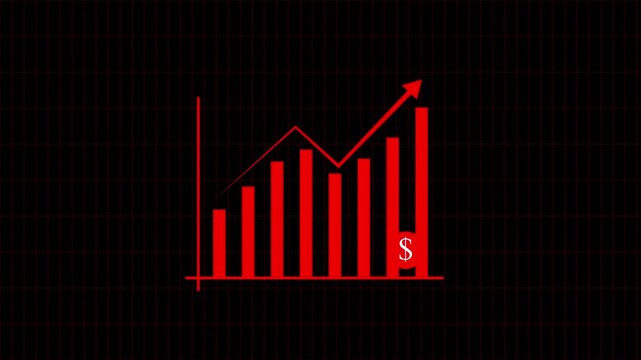Red bar graph with upward trend and dollar symbols on black grid background