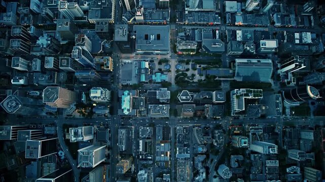 Aerial View of Dense Downtown Cityscape with Modern Buildings and Urban Streets