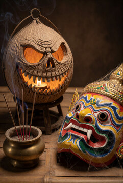 Traditional Thai Phi Ta Khon Festival Decoration with Ghost Mask