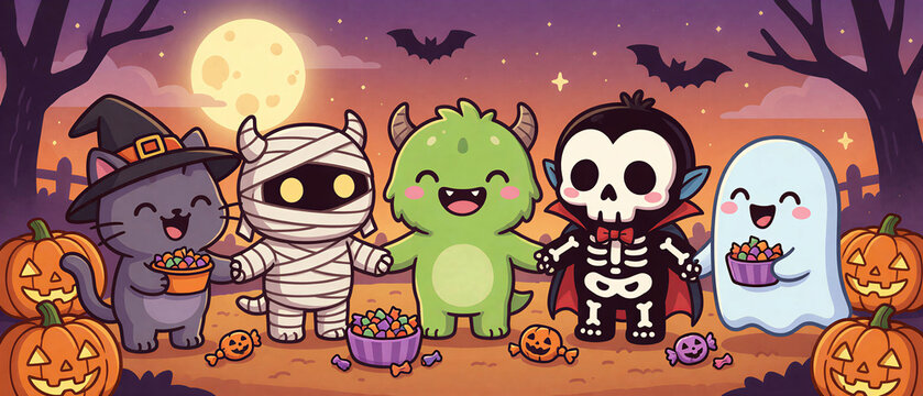 Cute Halloween monsters sharing candy together under moon