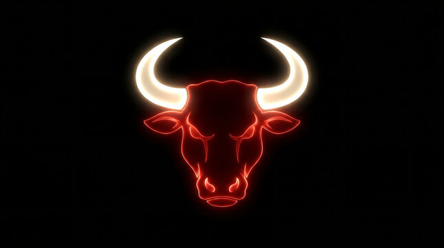 Glowing red bull head silhouette with bright horns on black background