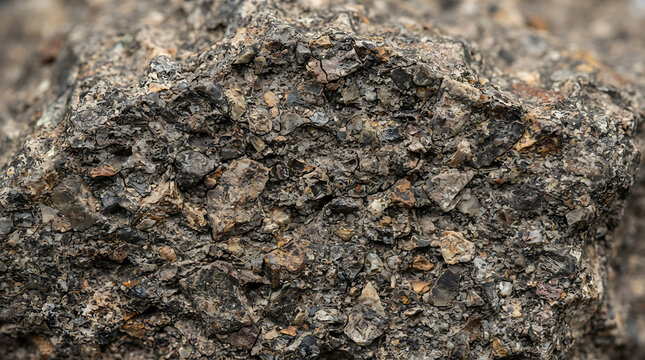 Mineral aggregate texture highlights the complex composition of interlocking particles found within a natural geological rock sample.