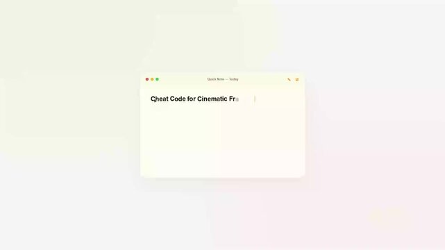 Minimalist digital notepad animation, typing cheat code for cinematic production, clean white computer window interface for creative workflow