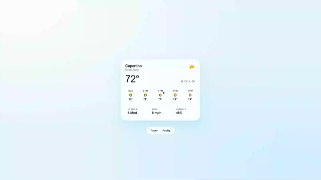 Modern weather forecast app interface, minimalist digital widget with temperature and wind data, clean glassmorphism UI design for mobile