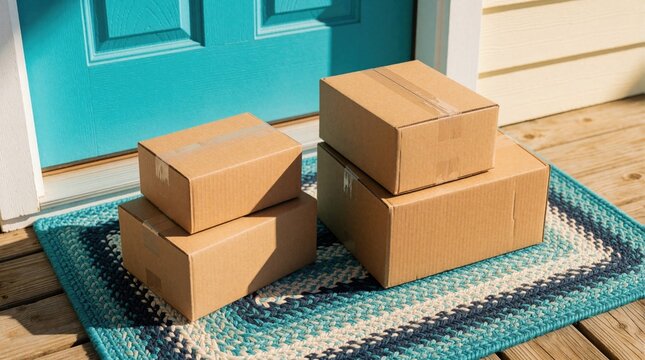 Cardboard delivery boxes sit on blue woven rug in front of bright teal door. Package arrival at house porch during sunny day. Online shopping order shipment waiting at home entrance for customer to