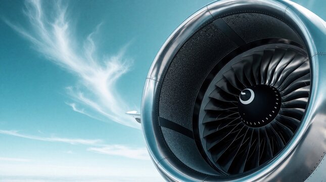Close up of massive jet engine on airplane wing flying through blue sky with white clouds. Modern aircraft turbine uses eco biofuel for sustainable aviation. Advanced aerospace tech provides clean