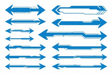 Obraz na płótnie Canvas Set of futuristic blue sci-fi arrows. Modern digital directional signs feature tech design with sleek lines. Cyberpunk style HUD elements for UI UX interface. Geometric pointers help navigation in