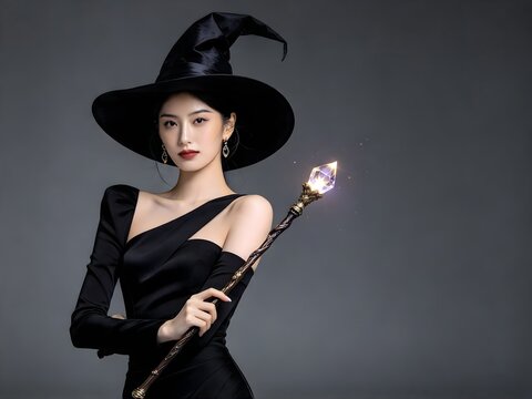 Beautiful young woman in witch costume holding a glowing magic scepter