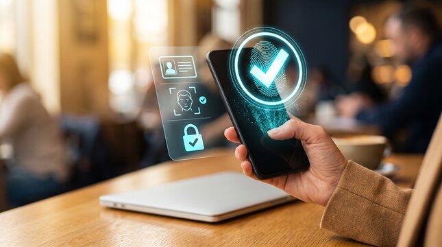 Smartphone digital identity verification and biometric security concept. Hand holding phone with hologram checkmark, face recognition, and padlock icons. Cyber protection technology photo.