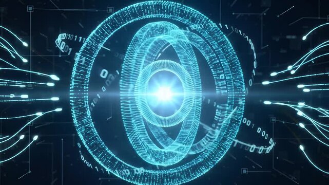Futuristic cybernetic interface displays glowing digital rings and data streams conveying powerful energy pulses through an advanced technological realm while computing complex quantum