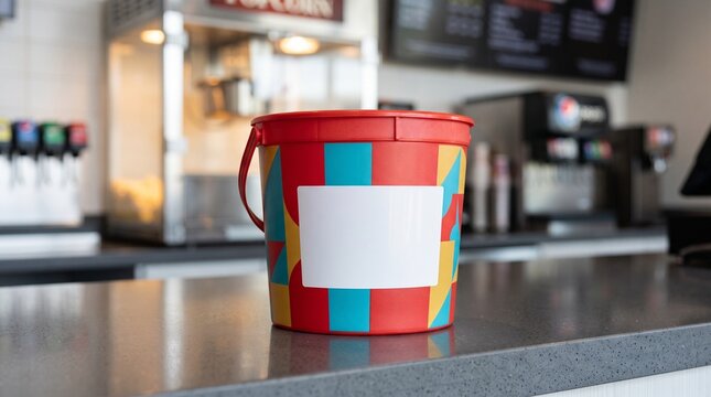 Colorful popcorn bucket with blank white label on a cinema concession counter