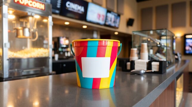 Colorful striped popcorn bucket with blank label on cinema concession counter