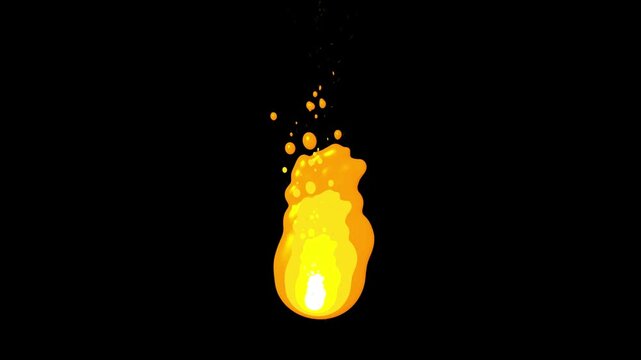 Stylized 2d fire animation loop with glowing yellow flames rising vertically against solid black background for motion graphic projects.