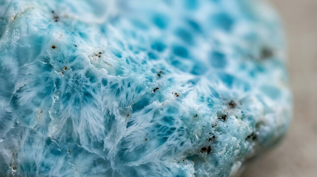 Larimar mineral with its distinctive oceanic blue pattern displayed in a close up macro photography shot highlighting crystalline structures.