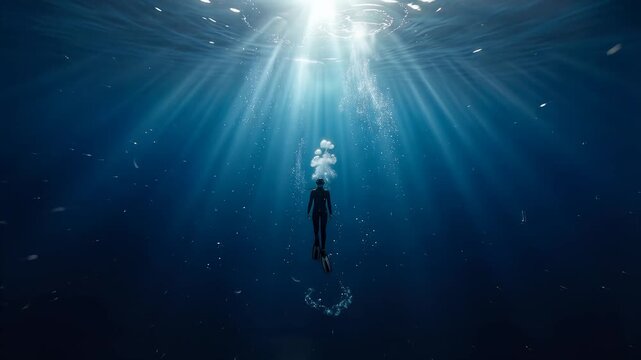 A lone person dives deep into the ocean abyss as magnificent sun rays pierce through the mesmerizing azure surface, creating an ethereal atmosphere filled with shimmering bubbles and wonder. 4K