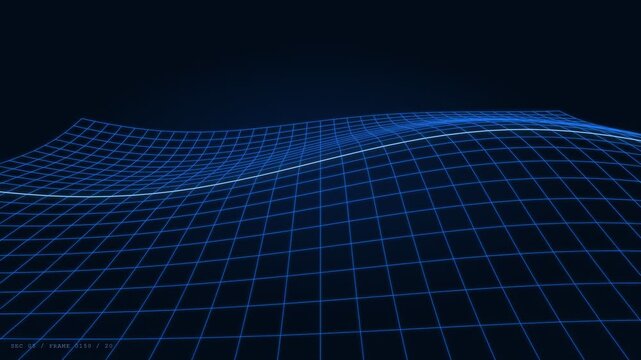 Abstract blue digital wireframe landscape with undulating waves moving across a dark background