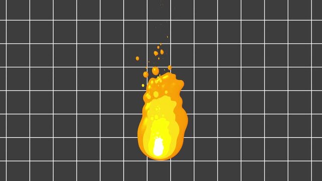 Cartoon fire element ignites and burns continuously in vibrant orange hues with smoke particles against a dark grid background.