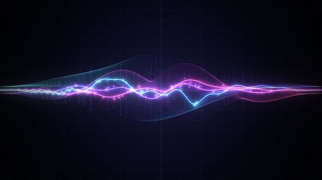 Futuristic soundwave oscilloscope audio frequency visualization and digital data pulse animation
