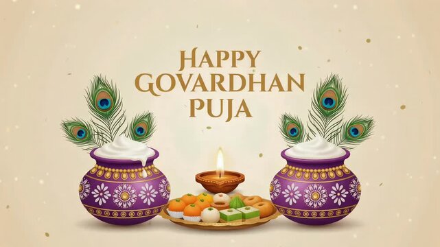 Makhan matka with peacock feathers and Indian sweets animated background for Happy Govardhan Puja greetings
