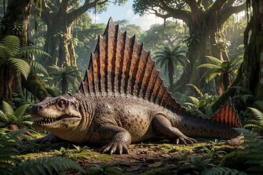 Large Dimetrodon grandis with big dorsal sail rests in prehistoric jungle. Extinct synapsid predator sits among green ferns, tropical trees. Ancient reptile life in wild forest during sunny day.