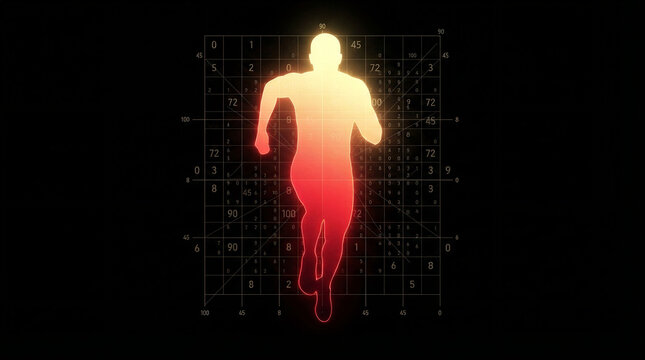 Glowing silhouette of a runner on a grid with digital data overlay
