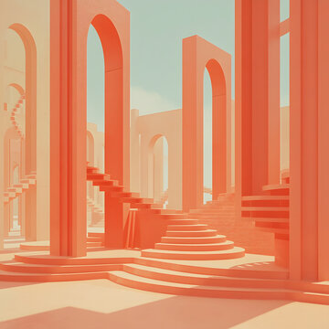 Surreal architectural interior with orange archways and staircases under a pale blue sky provides a dreamlike background for fantasy concept art and posters.