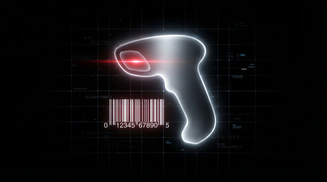 Digital barcode scanner silhouette with glowing red laser scanning a product code