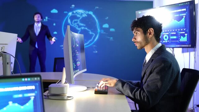 Professional team working with artificial intelligence, computer systems, data analytics, and digital innovation in a high-tech corporate office environment.