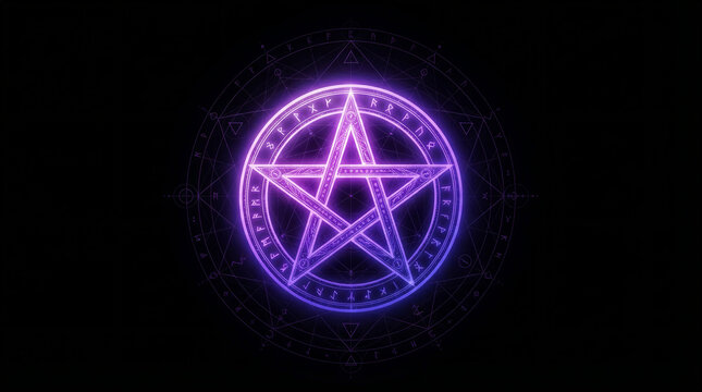 Glowing purple pentagram with occult symbols and runes on a dark background