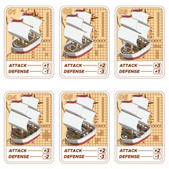 Fototapeta premium A set of cards from old ships for the game sea battle. Isometric. Isolated on white background. Vector illustration.