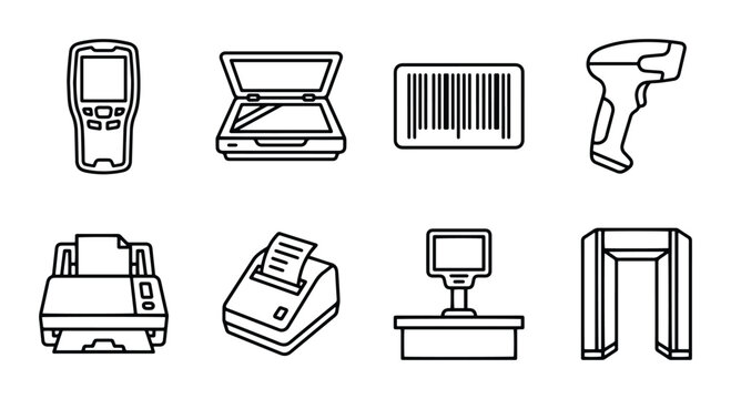 Barcode scanner line icons set with handheld scanner, flatbed scanner, barcode, receipt printer, cash register and security gate for retail