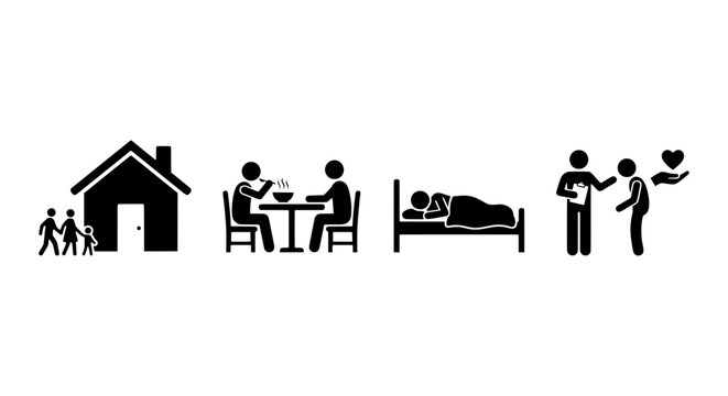 Minimalist human needs icons vector set. Basic life essentials and daily routine symbols