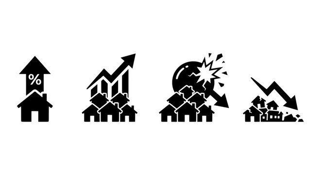 Real estate market trend icons, housing price growth and market crash vector symbols