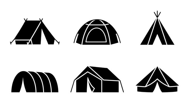 Camping tents vector icons set, tourist shelter silhouettes, outdoor adventure graphics