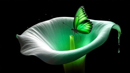 Naklejka premium Green butterfly rests on a white calla lily