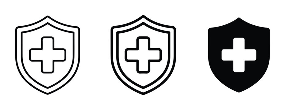 Medical cross shield icons set with outline and filled versions for healthcare and protection